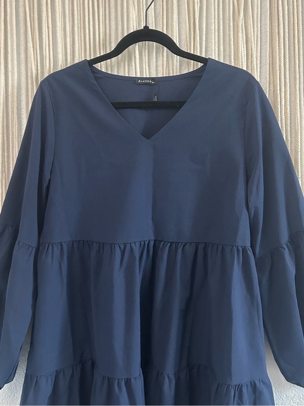 Navy Blue Tiered Babydoll Mini Dress Puff Sleeve Boho Cottagecore V Neck - Picture 13 of 14